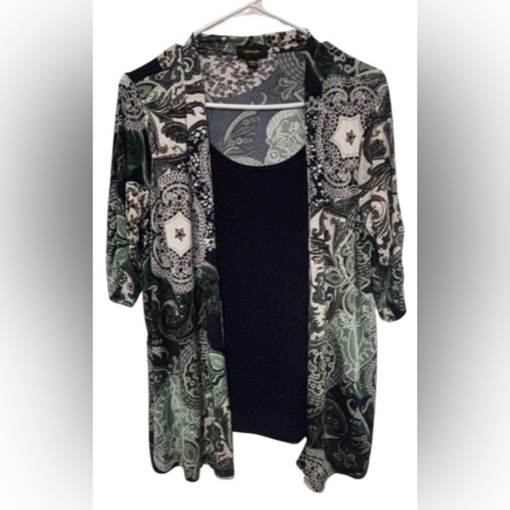 Espresso Green, Navy, and White Paisley Print Top